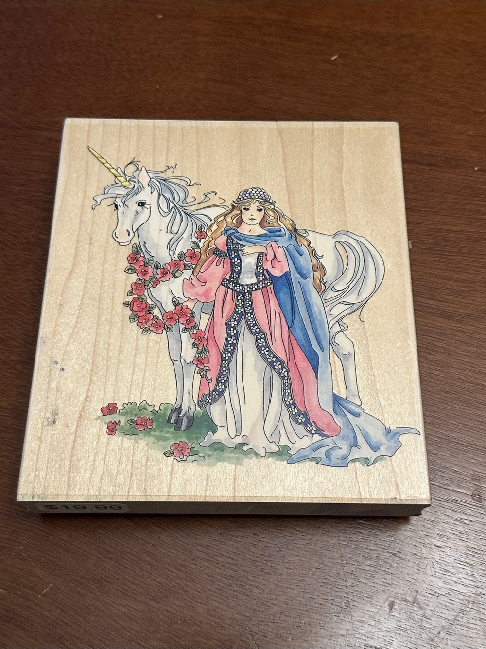 Vintage Stamps Happen Walking Unicorn & Maiden Illustration Wooden Block Art